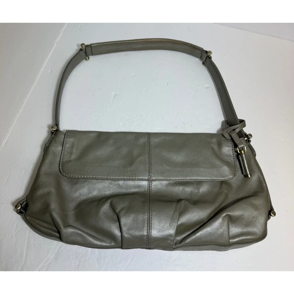 Liz Claiborne Metallic Olive Green Genuine‎ Leather Shoulder Bag Flap Handbag